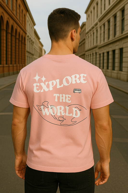 PINK PREMUIM OVERSIZED FRENCH TERRY T-SHIRT 240 GSM  QUOTE EXPLORE THE WORLD